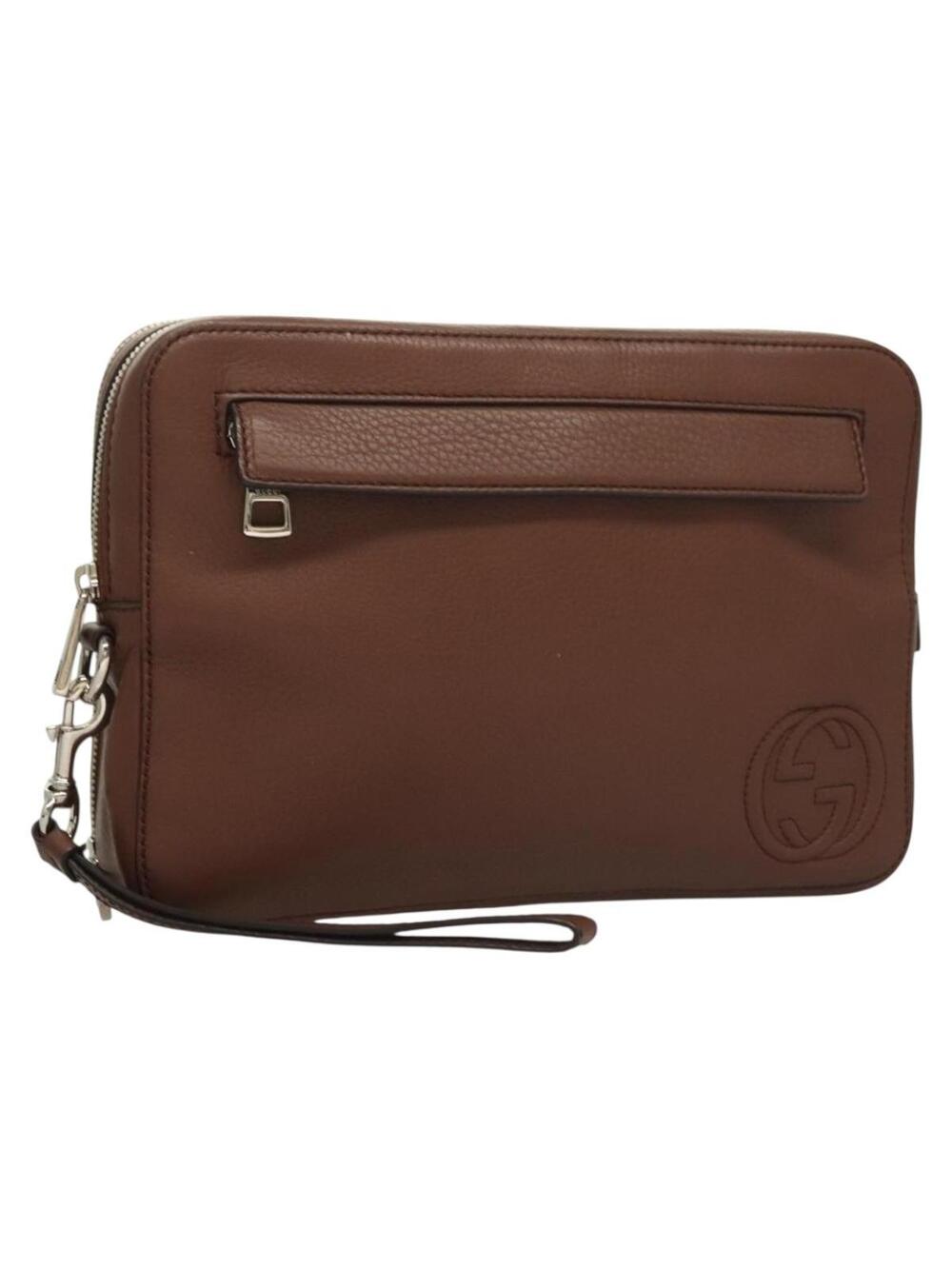Gucci Clutch Bag Leather Brown Silver #343970G52B